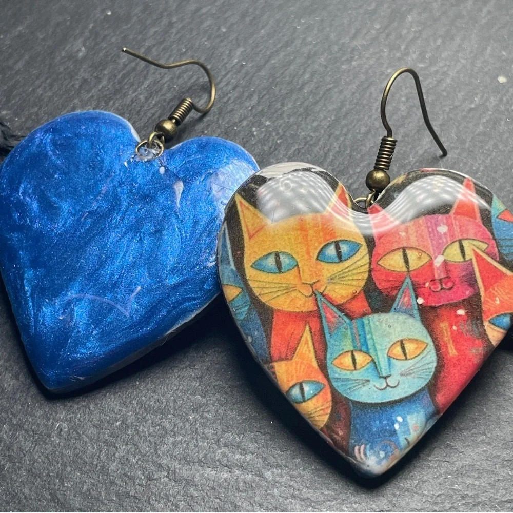 Laurel Burch Inspired Colorful Cat Heart Handmade Clay Earrings
